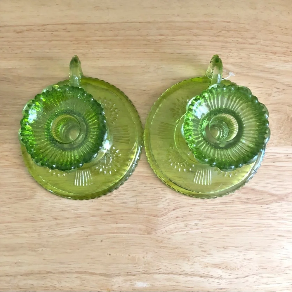 Pier 1 Imports Green Pressed Glass Chambersticks Taper Candlestick Holders Set 2